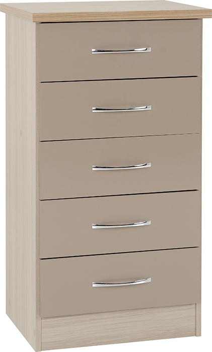 Nevada 5 Drawer Narrow Chest In Oyster Gloss & Light Oak Effect - Click Image to Close